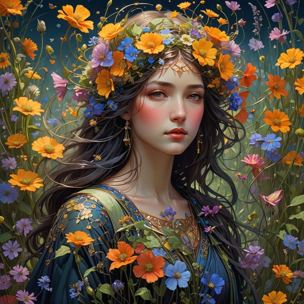 Intricate Wildflower Art Nouveau Landscape