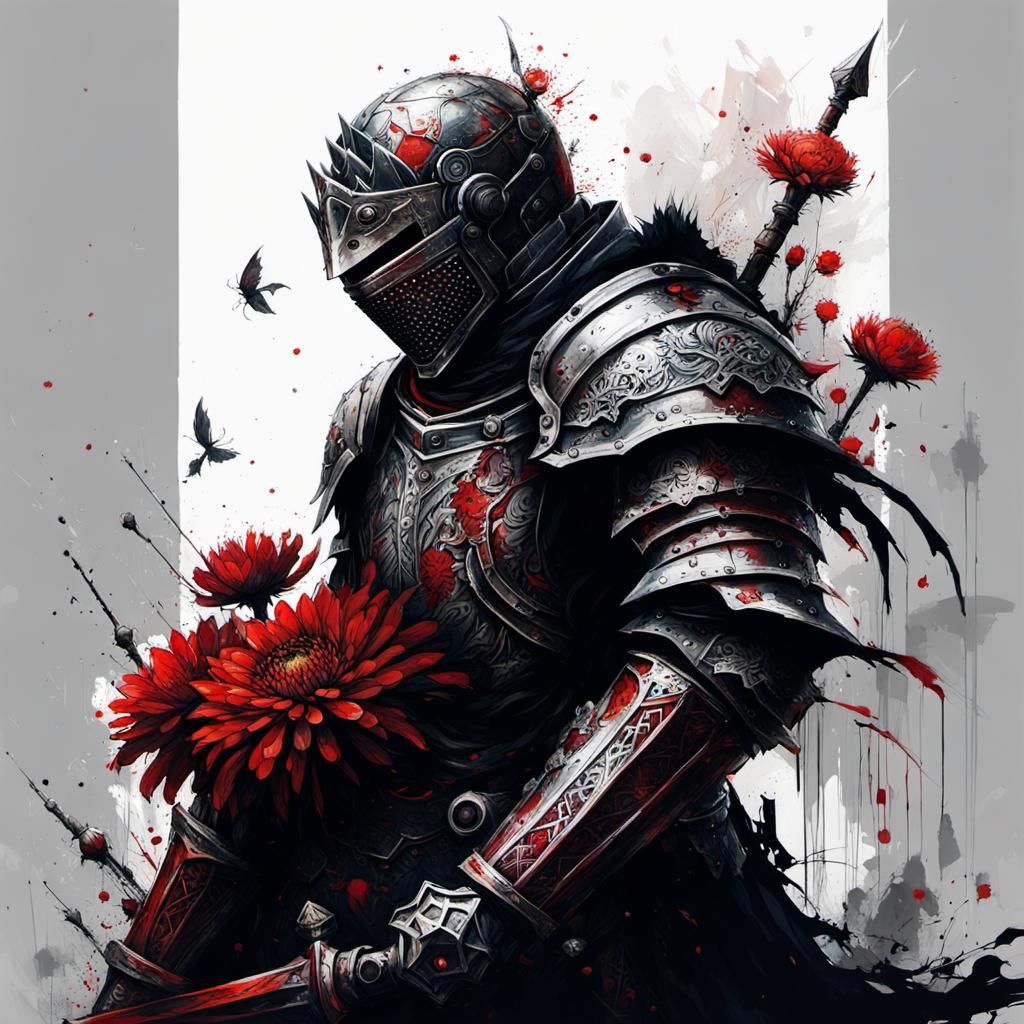 Gothic Knight in Crimson Chrysanthemums, Dark Fantasy Art