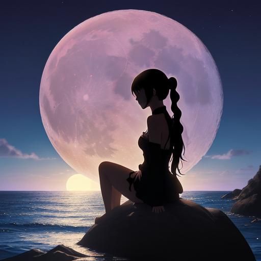 Woman Silhouetted by Moon in Anime Style