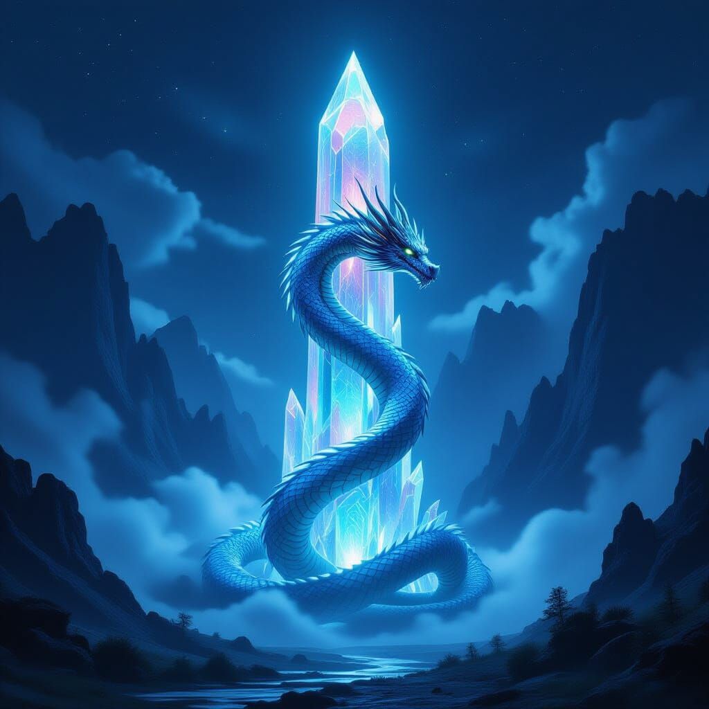 Bioluminescent Dragon Coiled Around Crystal Spire in Cinemat...