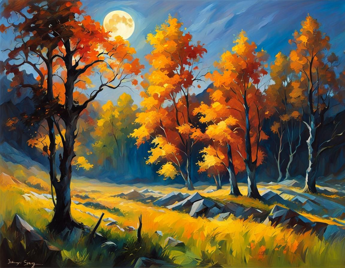 Mystical Moonlit Landscape in Oil Painting Style