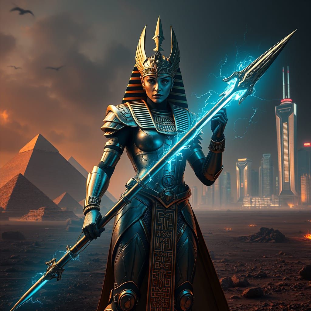 Goddess of War in Futuristic Egyptian Armor Stands on a Dyst...