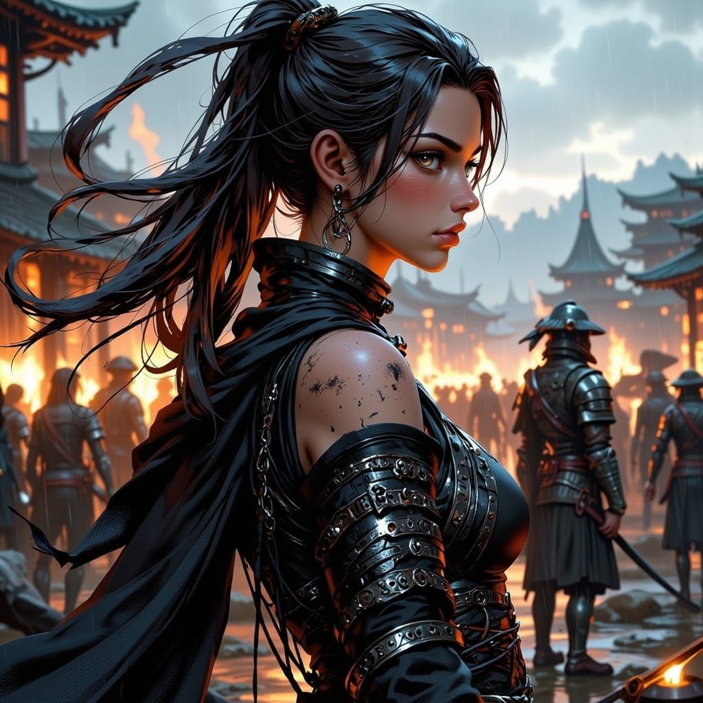Furious Samurai Woman on Battlefield in Anime Style