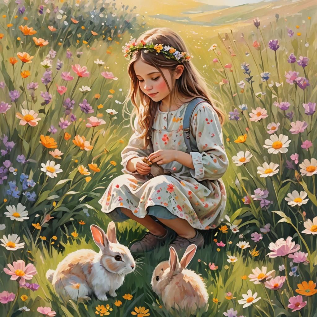 Girl and Rabbit in Flower Field: Whimsical Digital Art