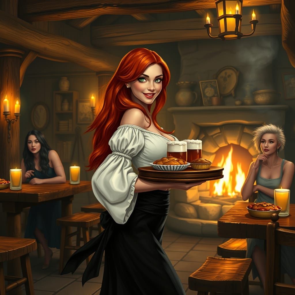 Warm Fantasy Tavern with Curvaceous Redhead Server