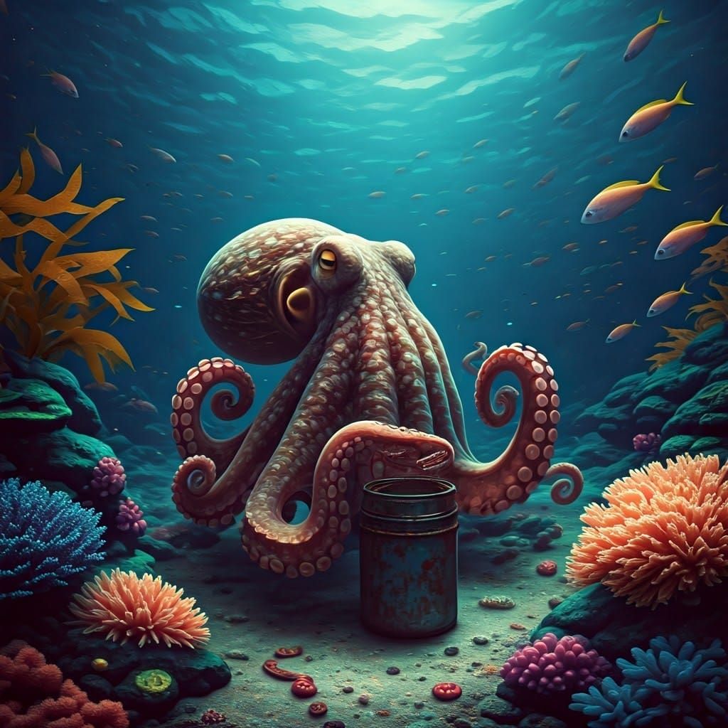 Camouflaged Octopus Solving Puzzle on Coral Reef