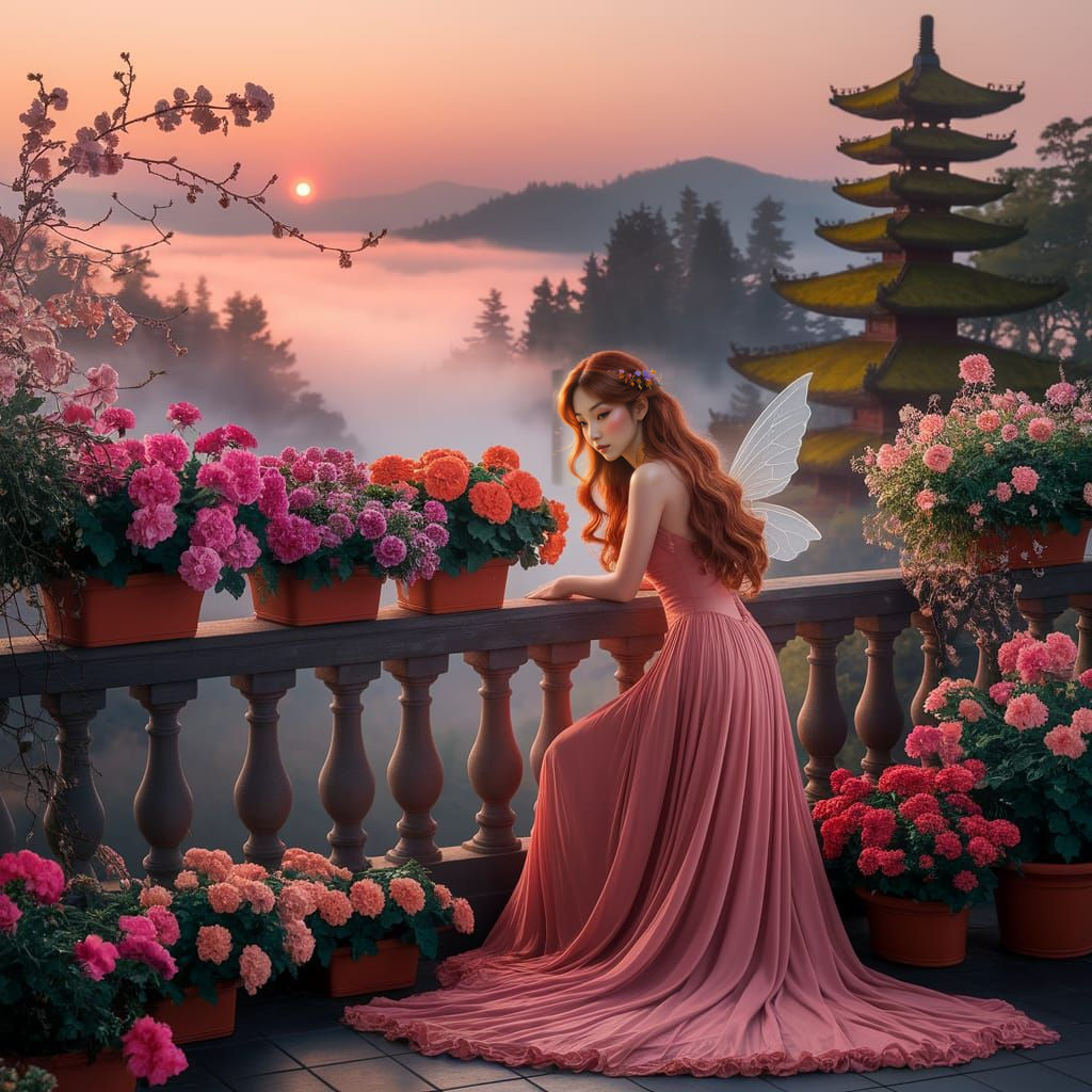 Ethereal Asian Fairy at Dawn in Pre-Raphaelite Style