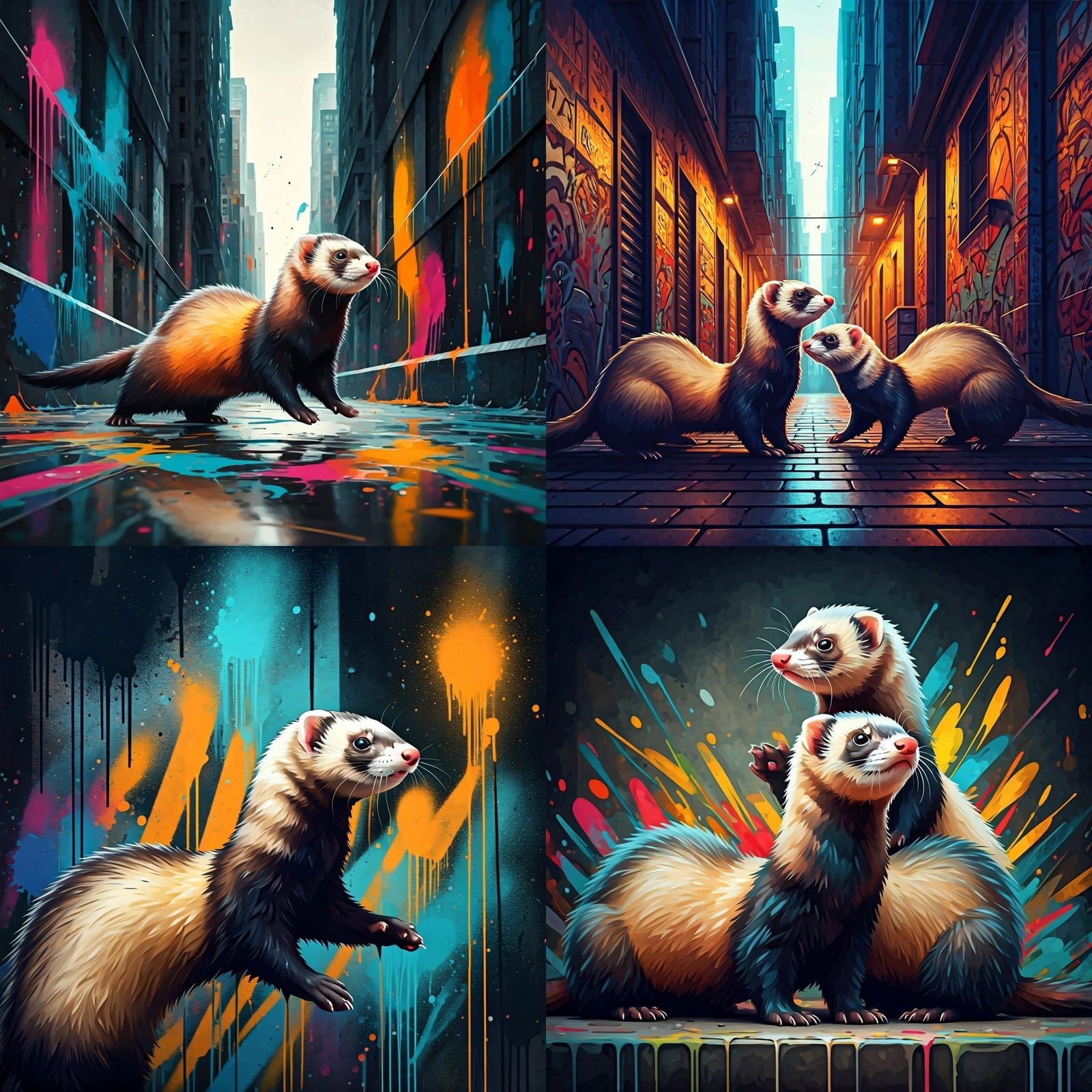 Ferrets in Colorful Polychromatic Graffiti Art