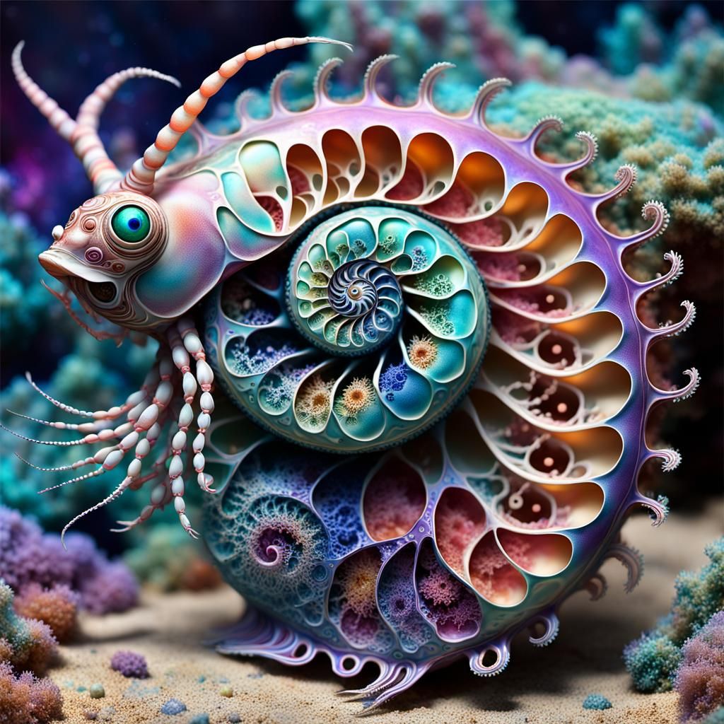 Intricate Nautilus Shrimp in Surrealist Style