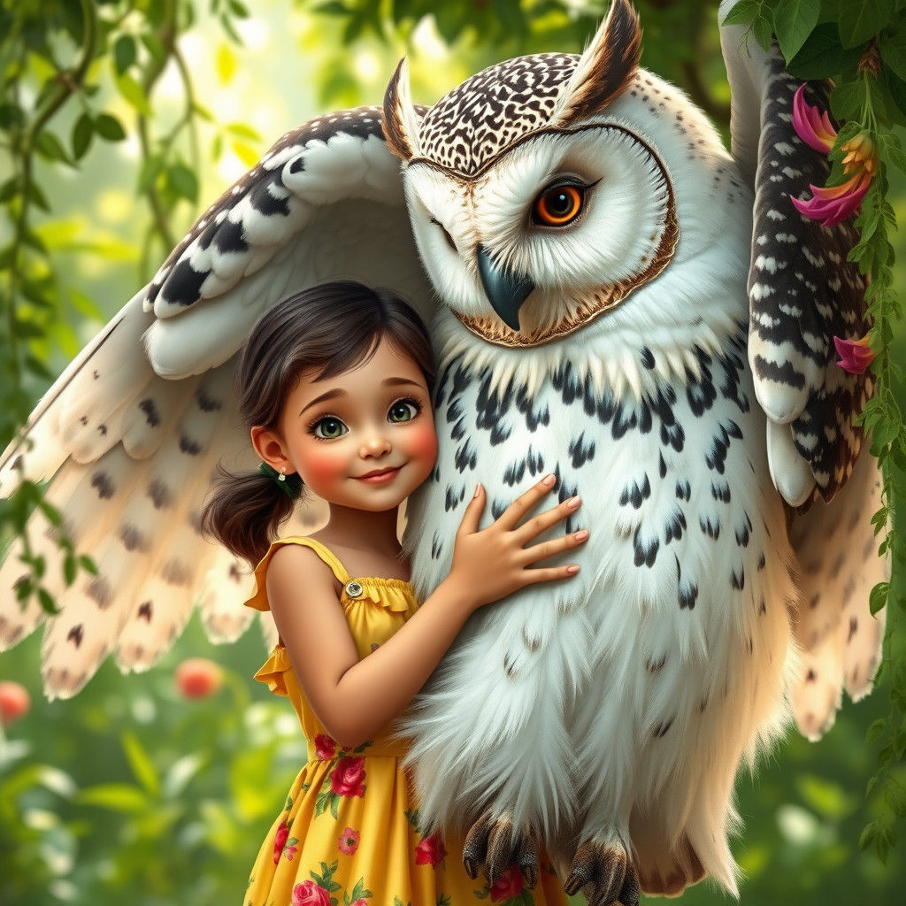 Girl Embracing Giant Owl in Lush Jungle