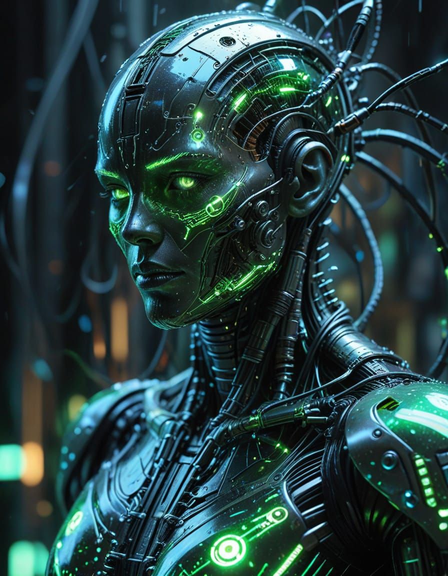 Cyberpunk Cyborg Soars Through a Void of Blue