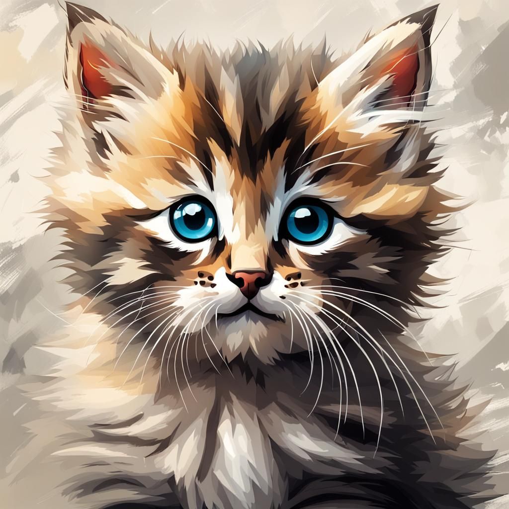 Whimsical Fluffy Kitten in Soft Impasto Textures