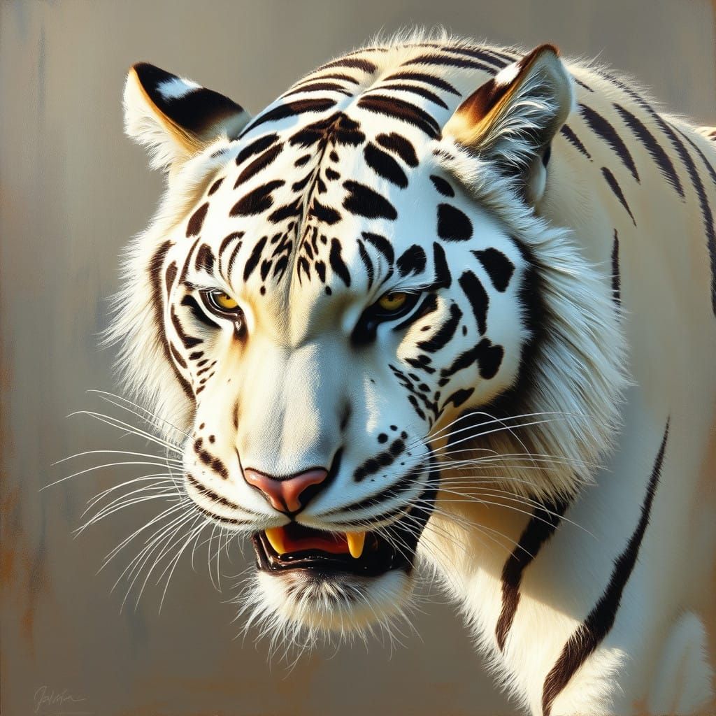 Regal White Sabertoothess in Oil Painting Style