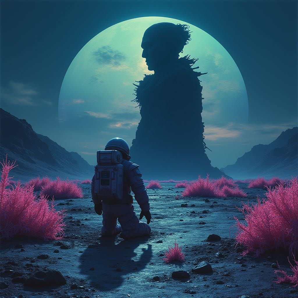 Astronaut Kneels Before Shattered Alien Statue Under Binary ...