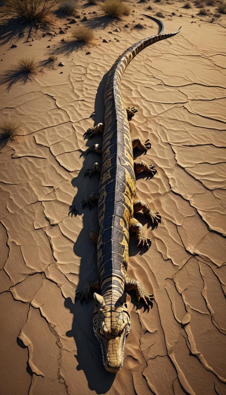 Tiger-Crocodile Hybrid in Desert Landscape