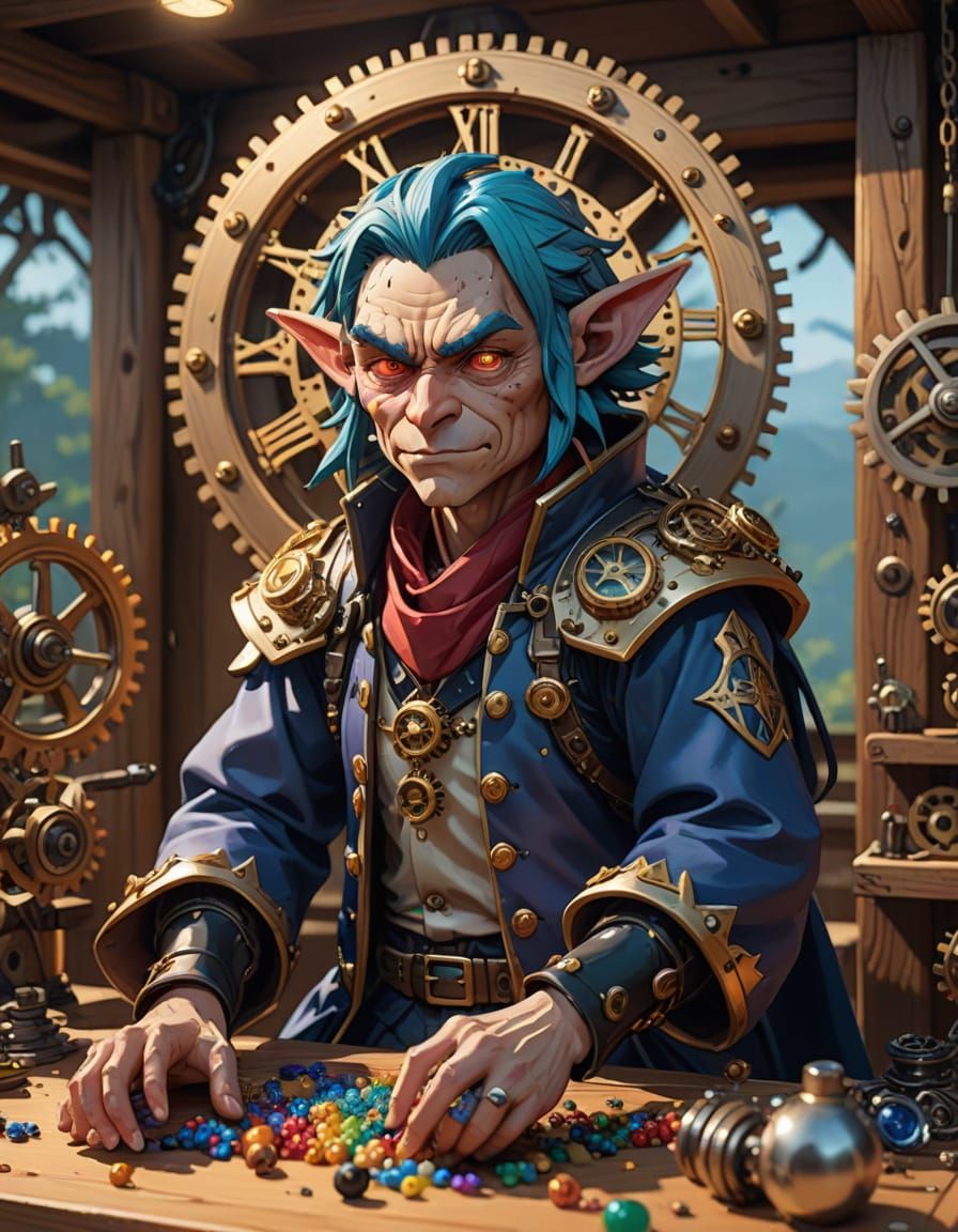 Goblin Puppet Repairs Clockwork: Hyperrealistic 3D Anime Art