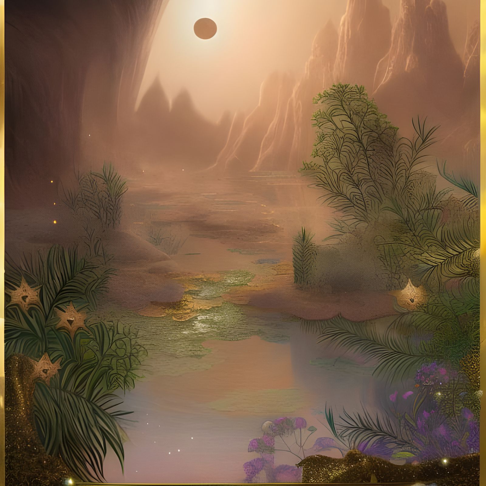 Magical Desert Oasis with Luminous Crystals