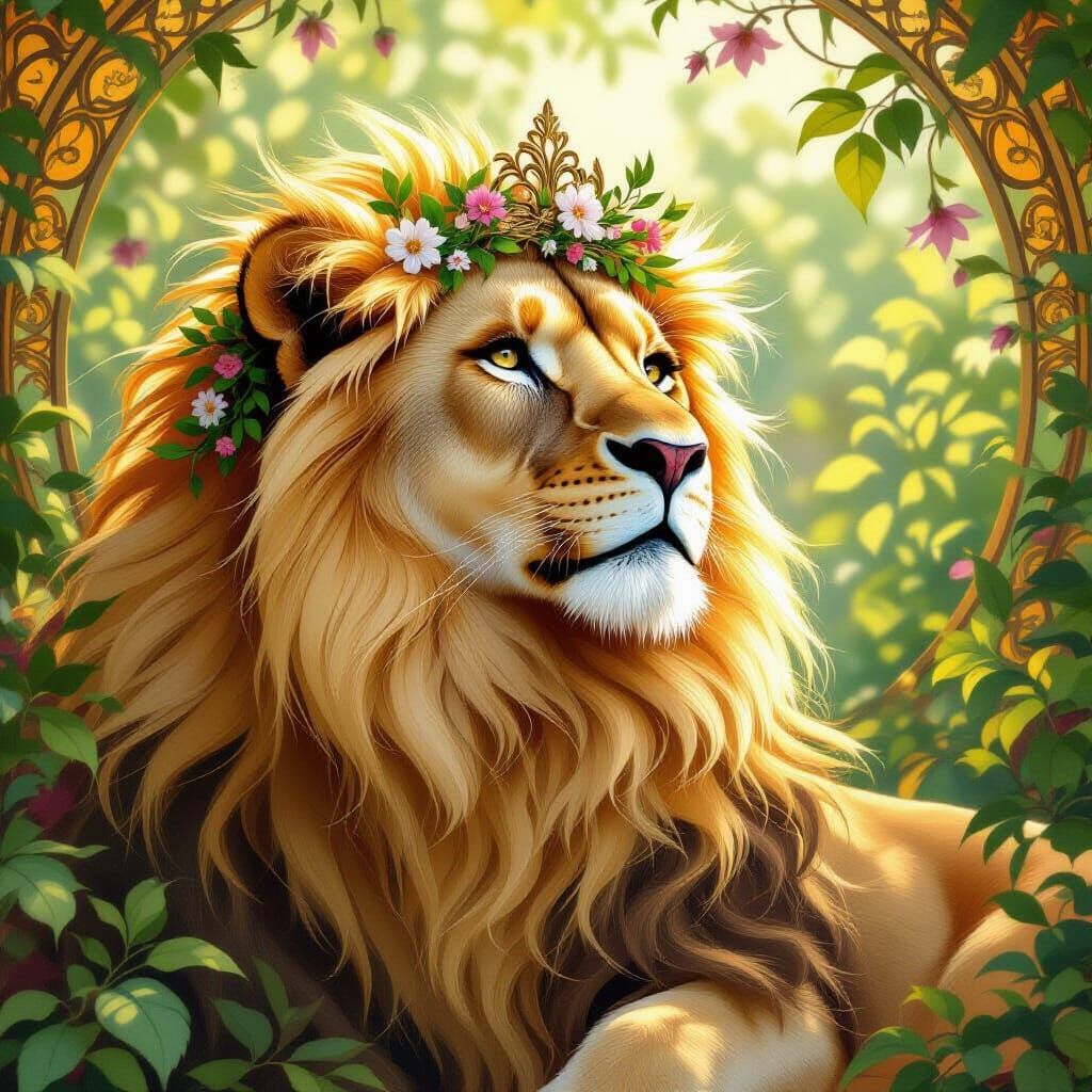 Lioness with Floral Crown in Art Nouveau Style