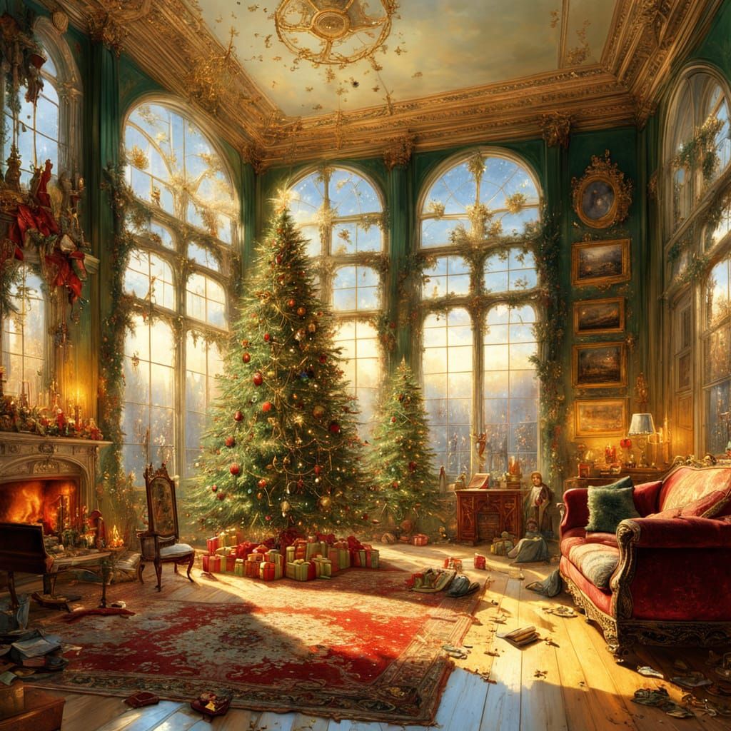 Elegant Christmas Living Room with Golden Light