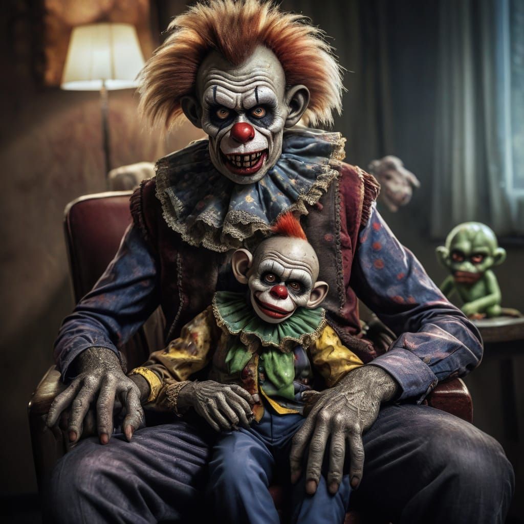 Zombie Clown Ventriloquist with Dummy: Hyperrealistic Image