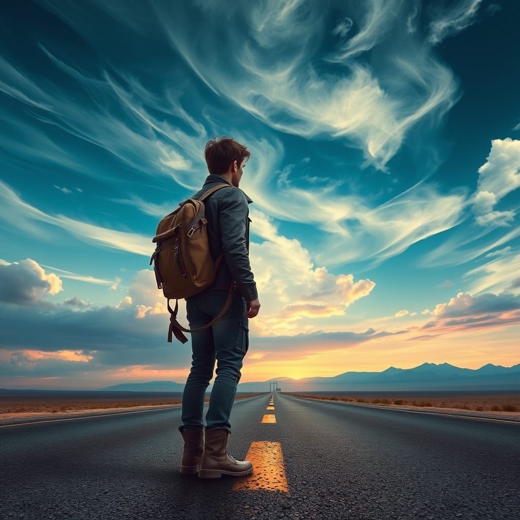 Lone Traveler on Deserted Highway in Sci-Fi Style
