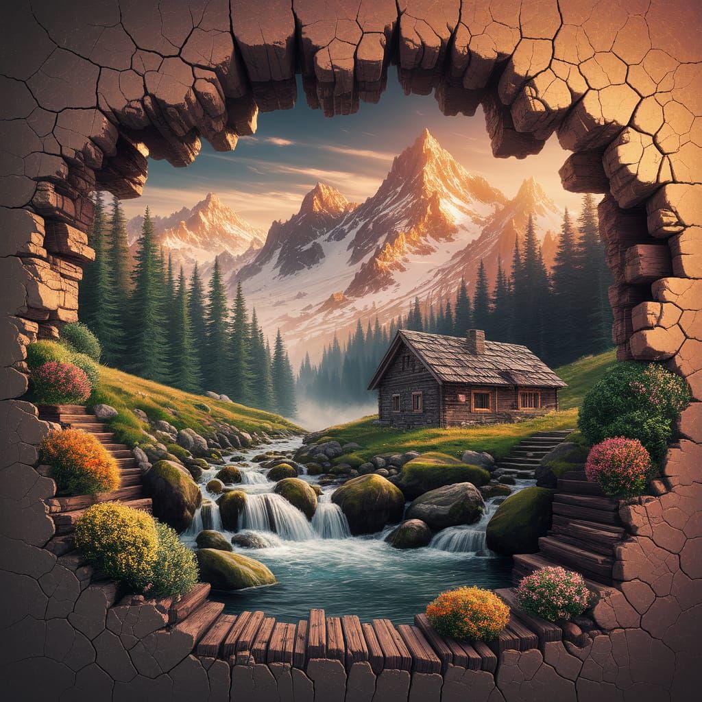 Surreal Mountain Landscape Emerging From Ancient Wall