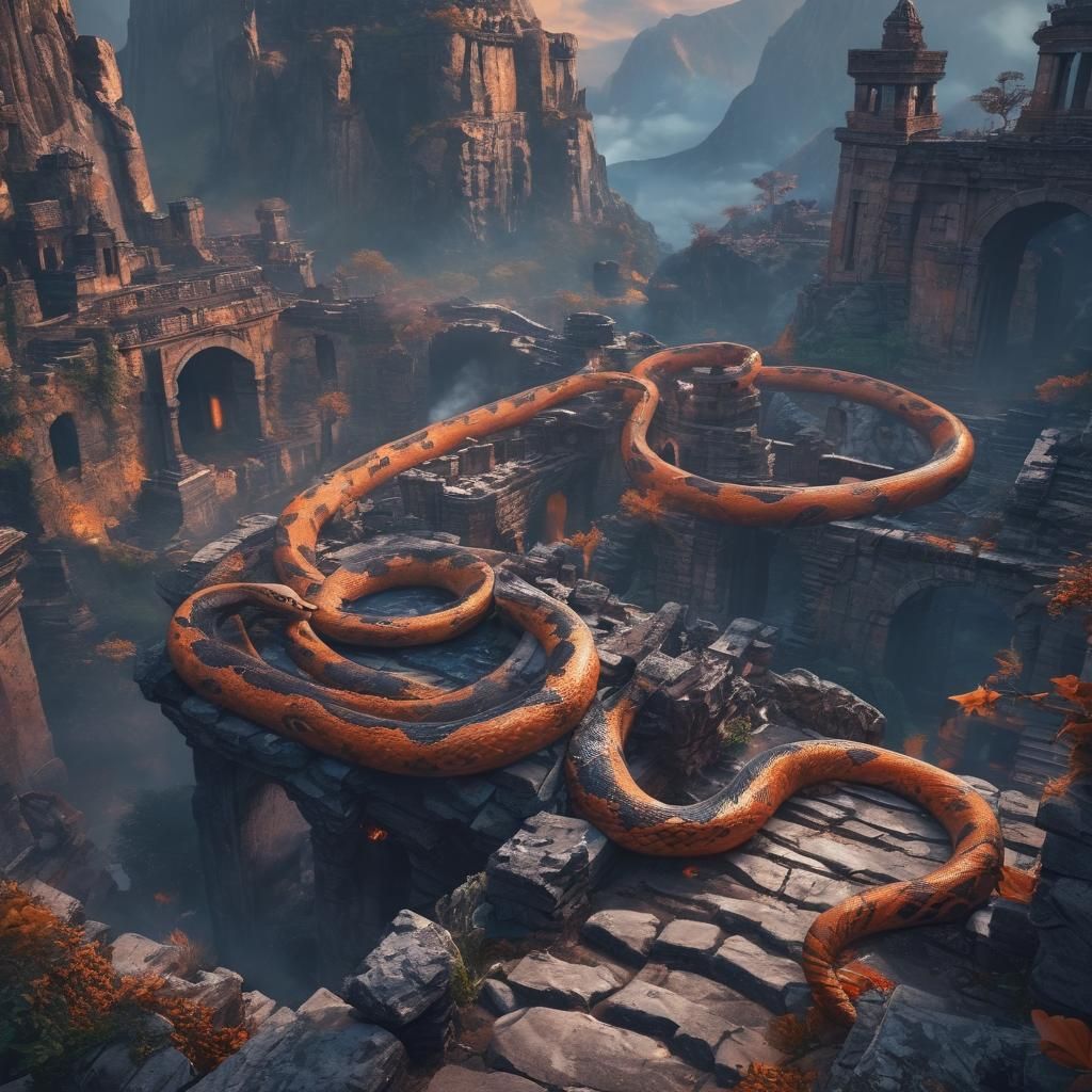 Giant Mountain Snake Coils Through Ancient Ruins