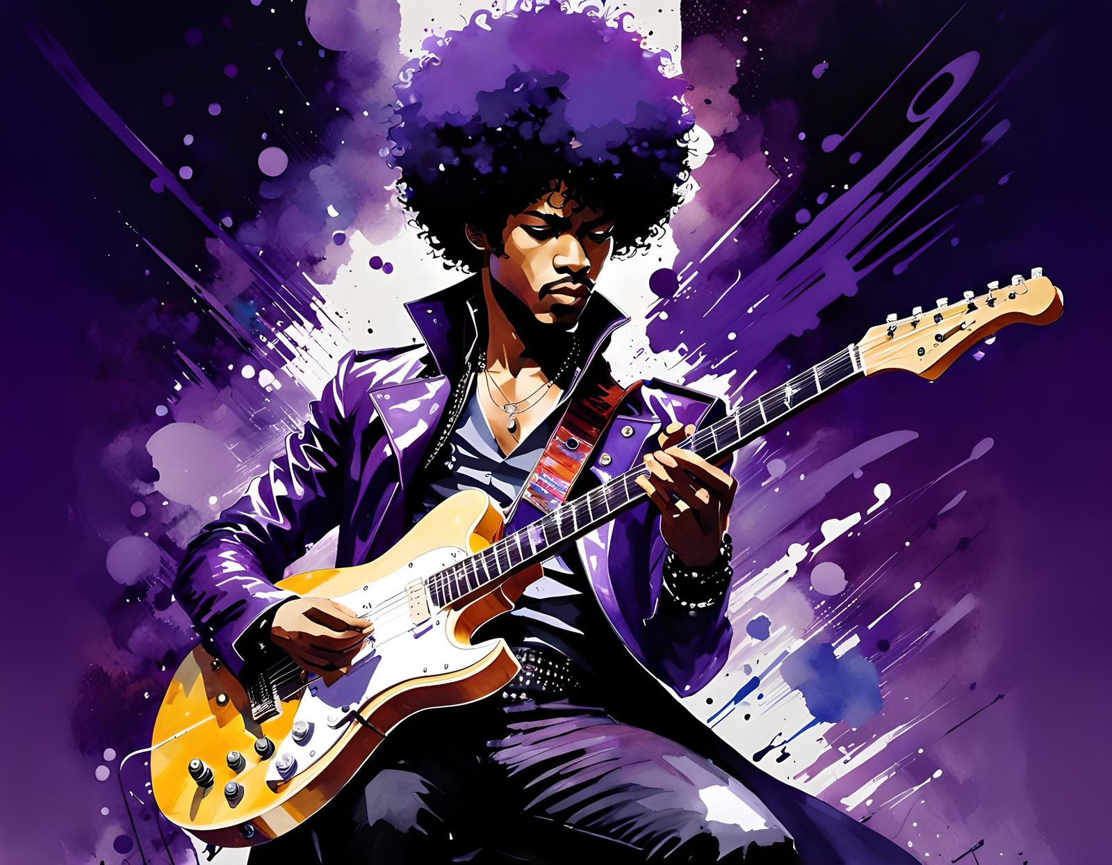 Prince Guitar Solo in Watercolor Manga Style