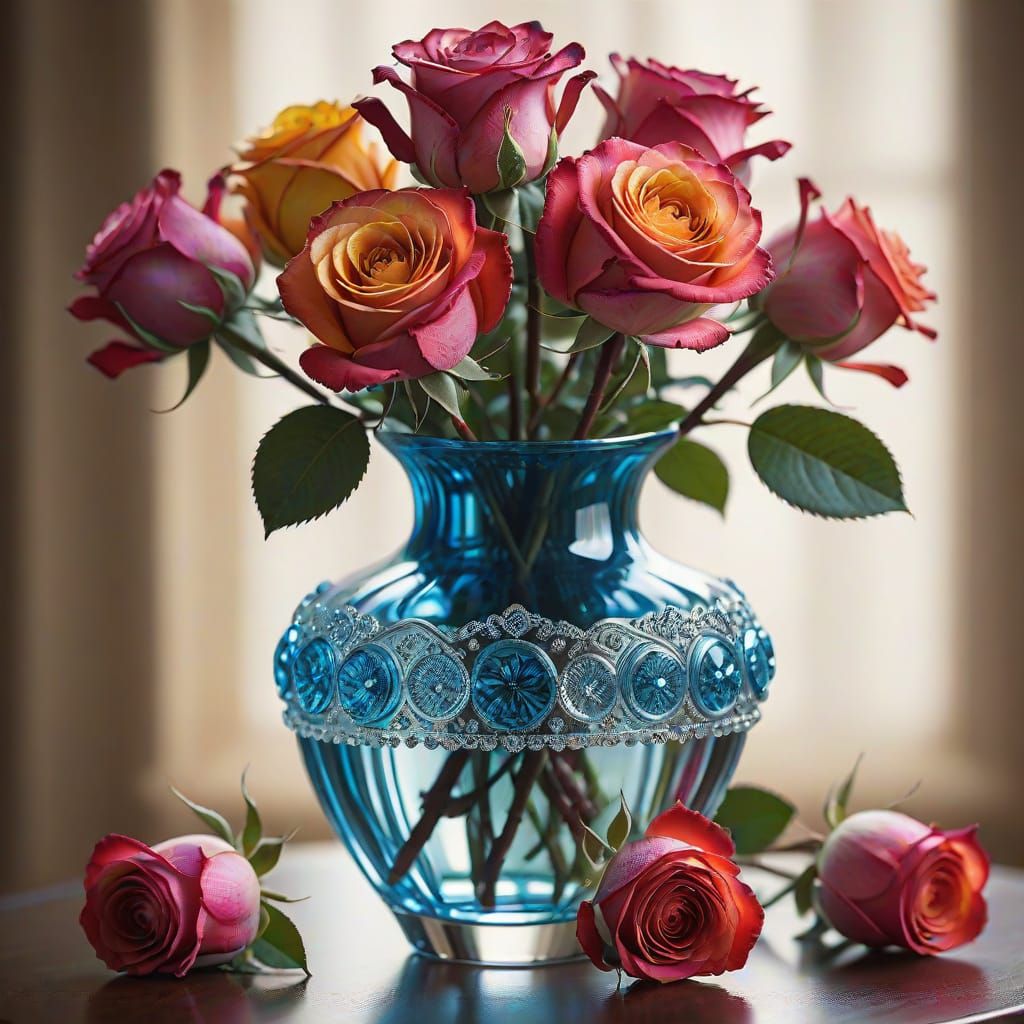 Sapphire Roses Emerge from Majestic Glass Vase in High-End P...