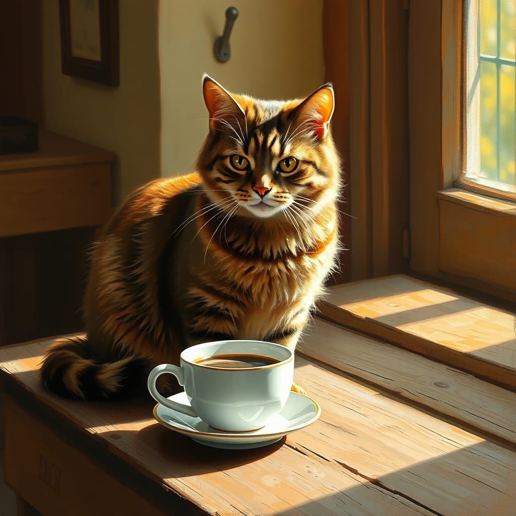 Whiskered Cat's Coffee Break: Impressionist Style