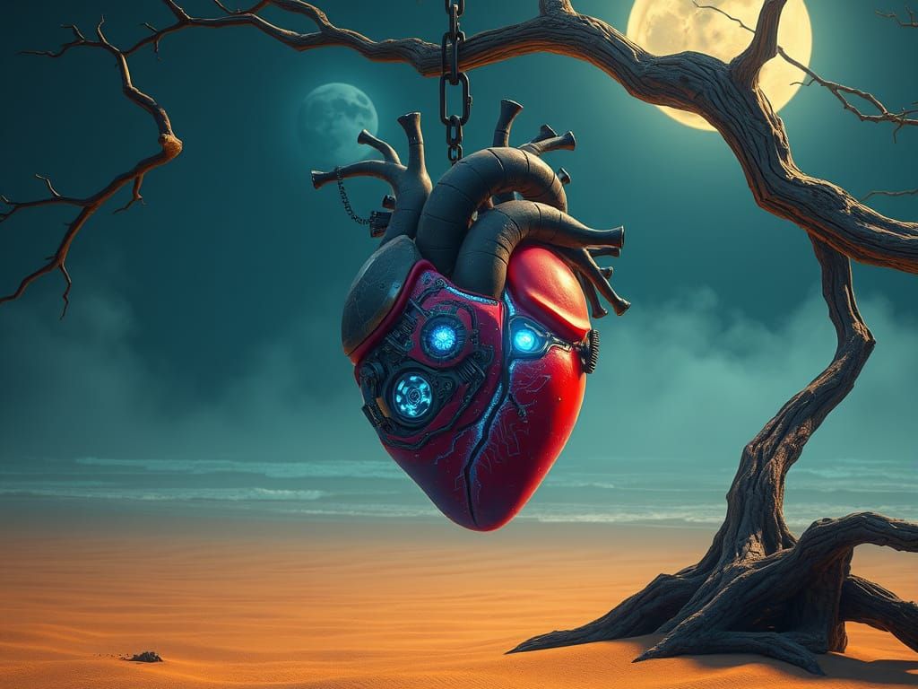 Futuristic Heart on Driftwood Branch