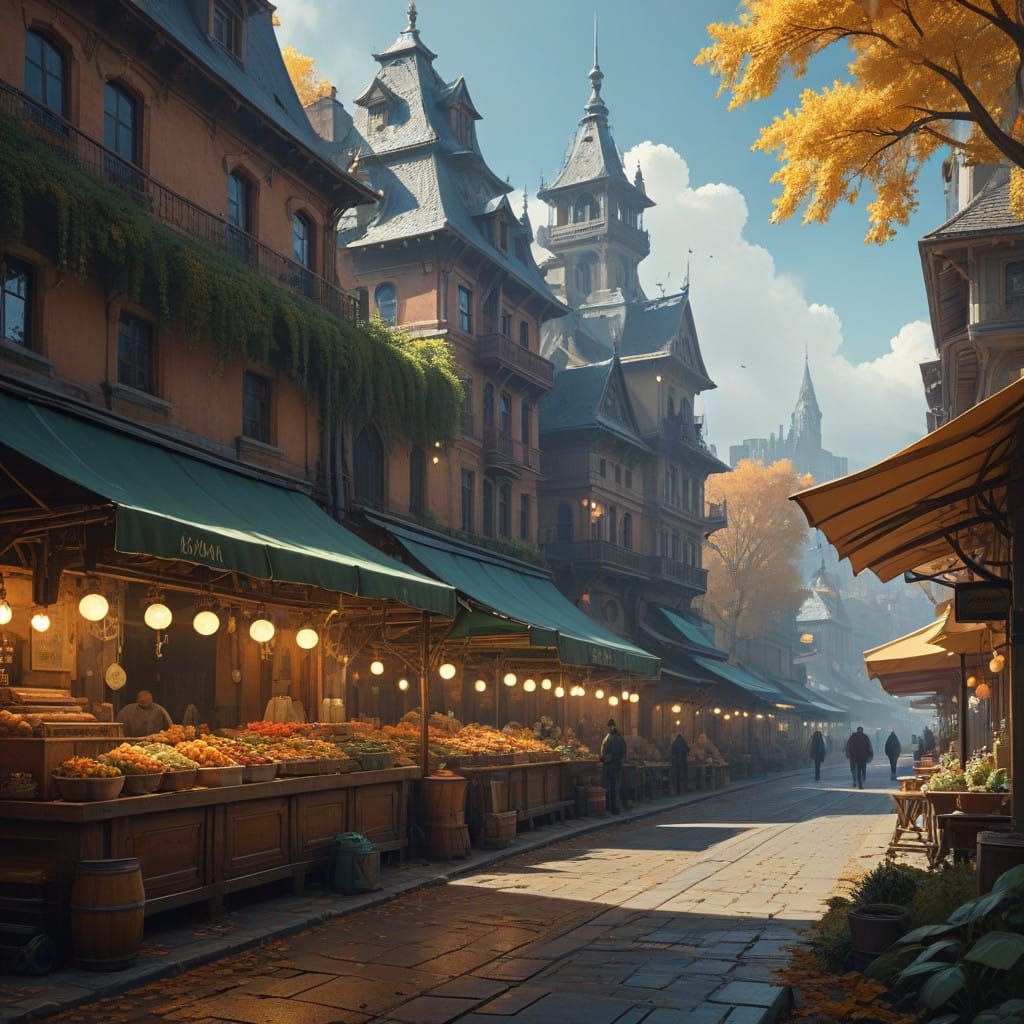 Vibrant Autumn Market Scene in Art Nouveau Style