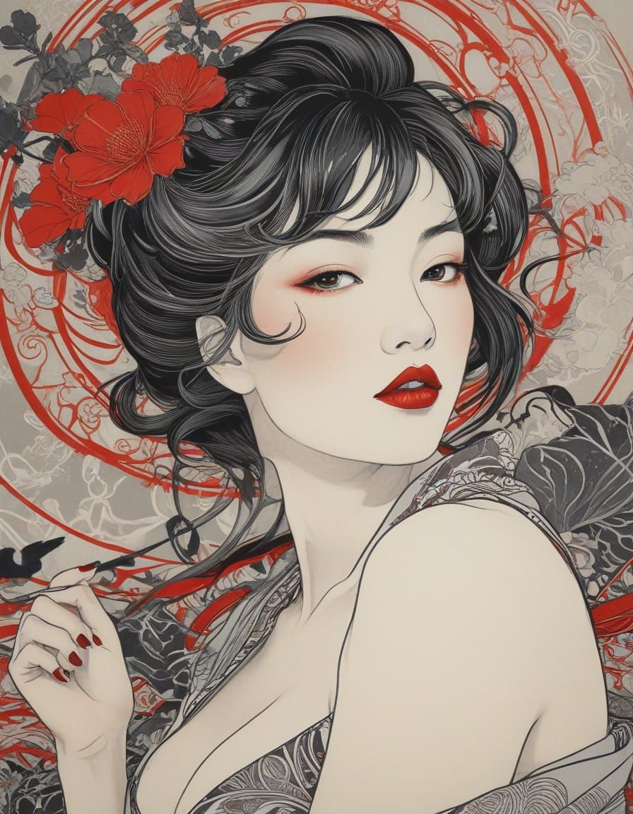 Sensual Ukiyo-E Portrait in Intricate Lines