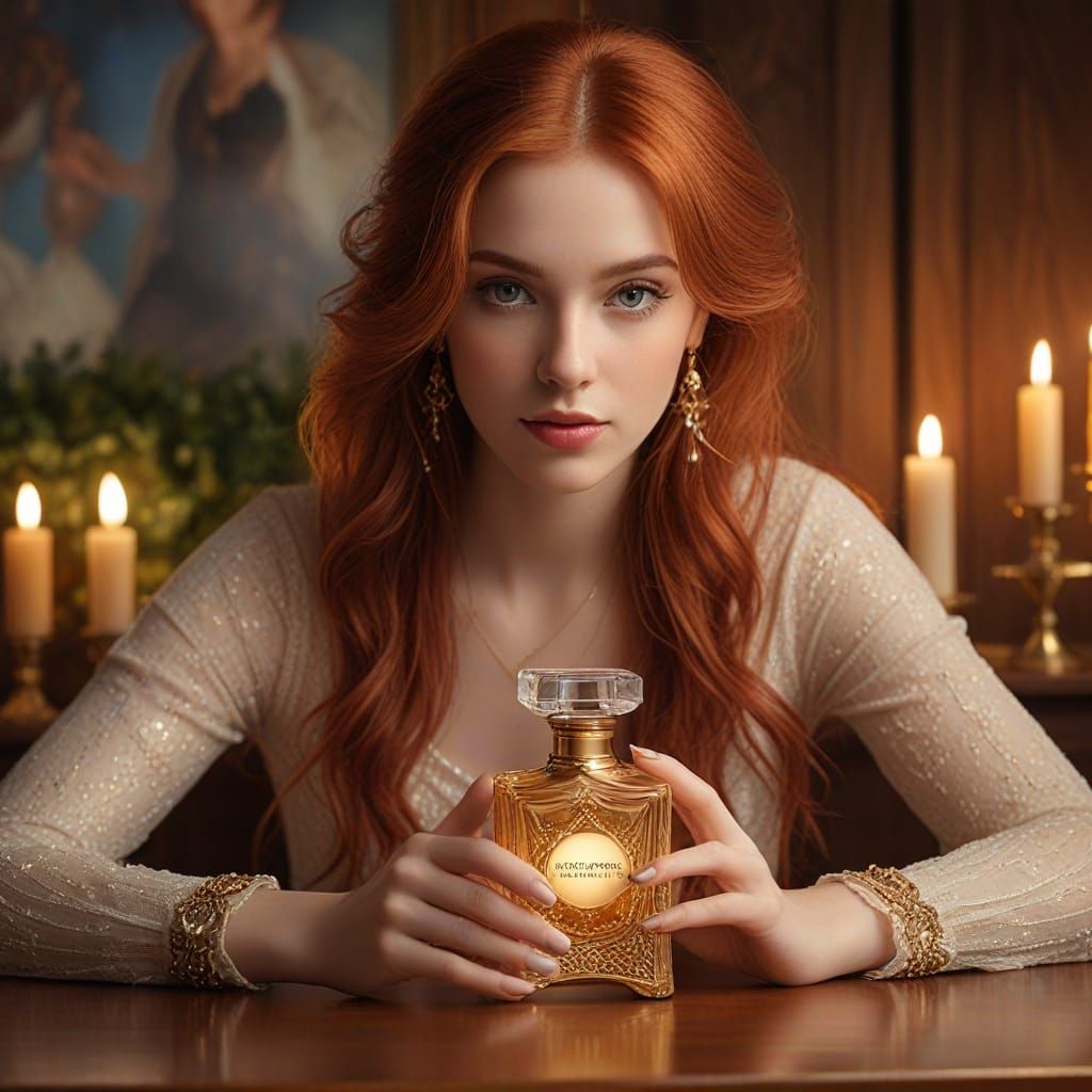 Ethereal Fantasy Scene with Golden Perfume Bottle and Soft C...