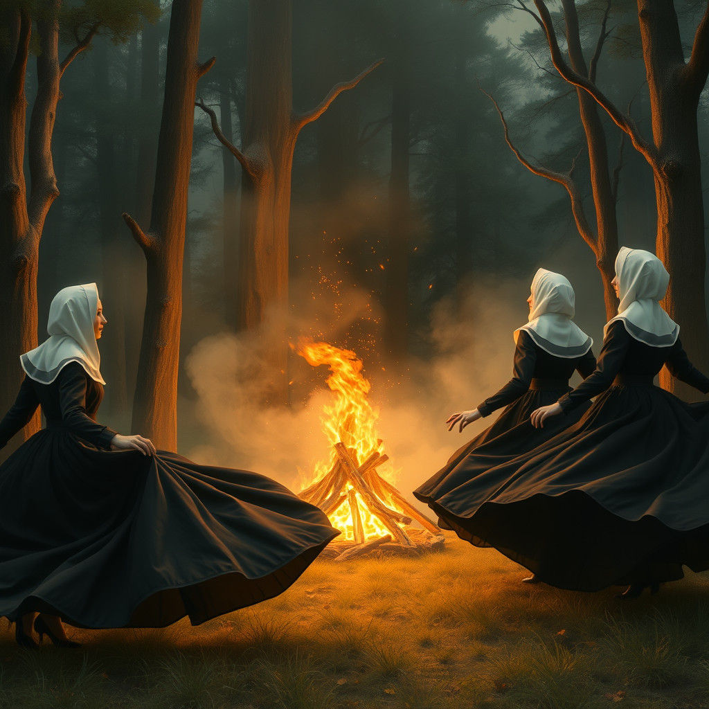 Dancing Women in Mystical Forest, Kinkade Style