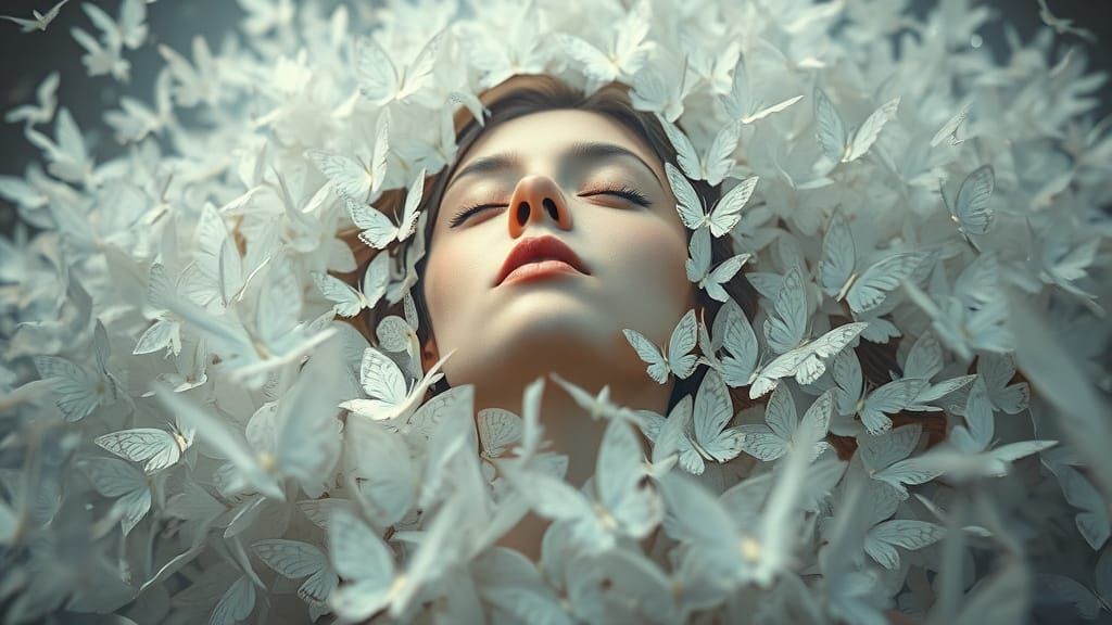 Dreamlike Woman Surrounded by White Butterflies in a Silvery...