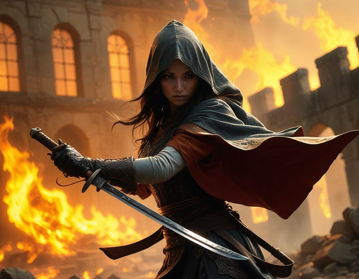 Mystical Warrior Woman in Burning Ruins, Ancient Photo Style