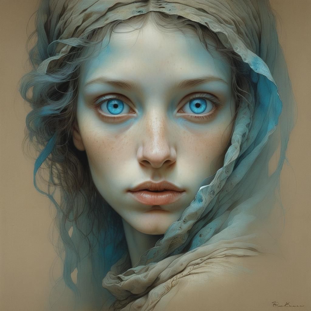 Beautiful Woman with Cerulean Eyes in Beksiński Style