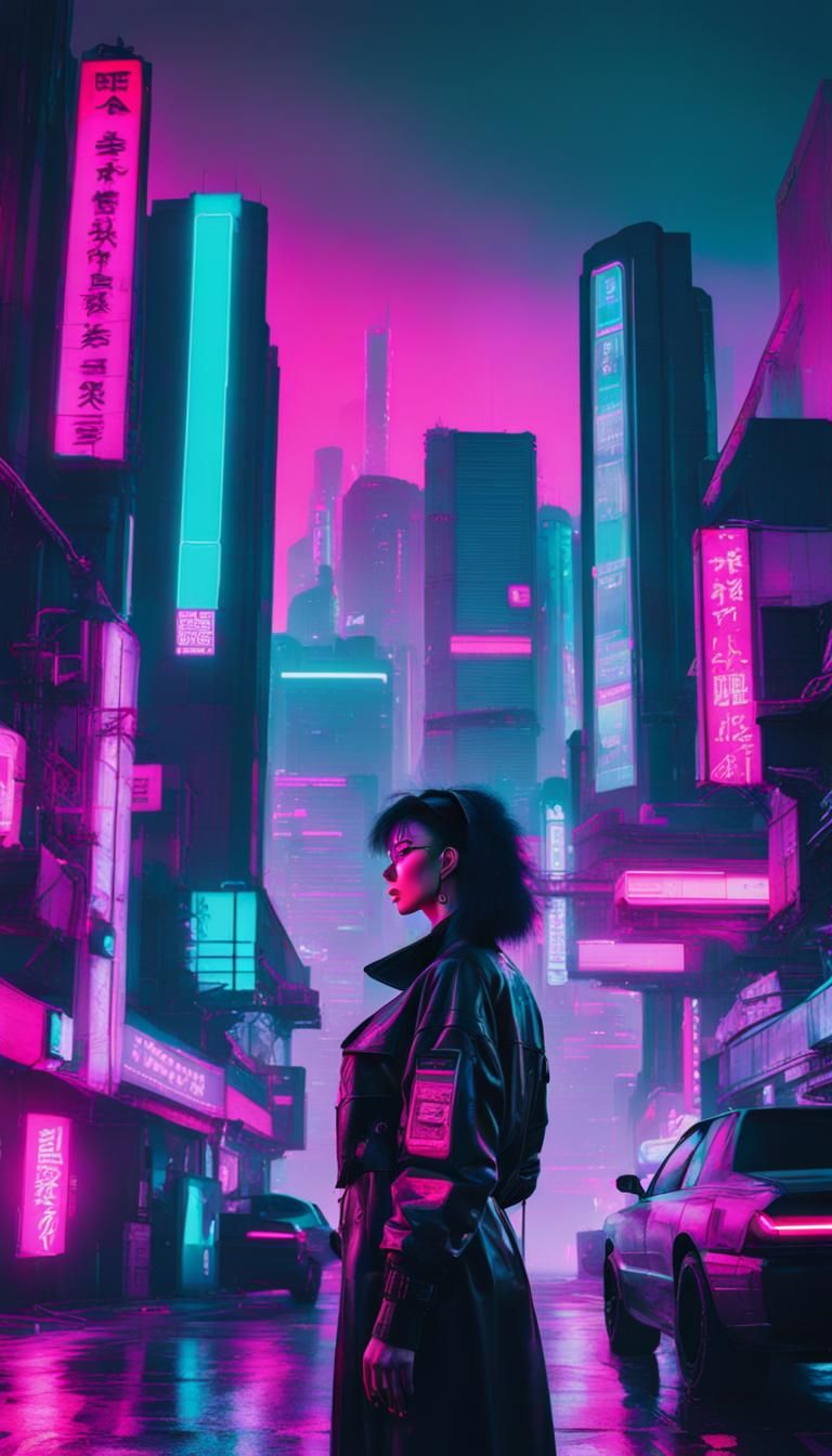 Cyberpunk Cityscape with Neon and Vaporwave Elements