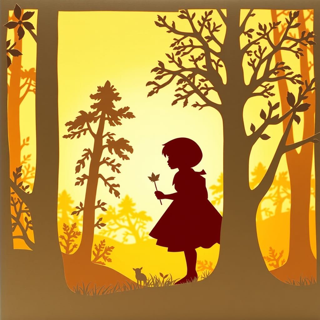 Whimsical Paper Silhouette of Little Red Riding Hood in a Su...
