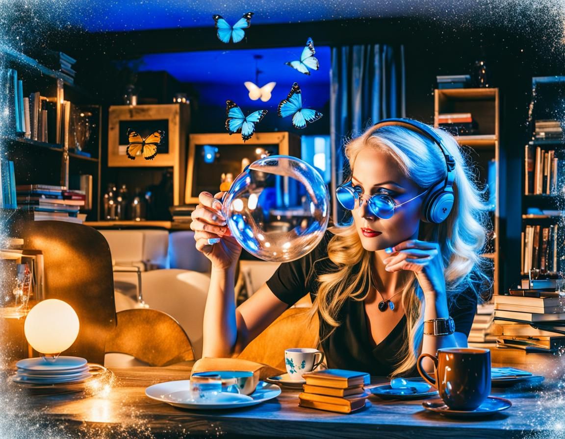 Blonde Woman with Bubble in Cozy Living Room