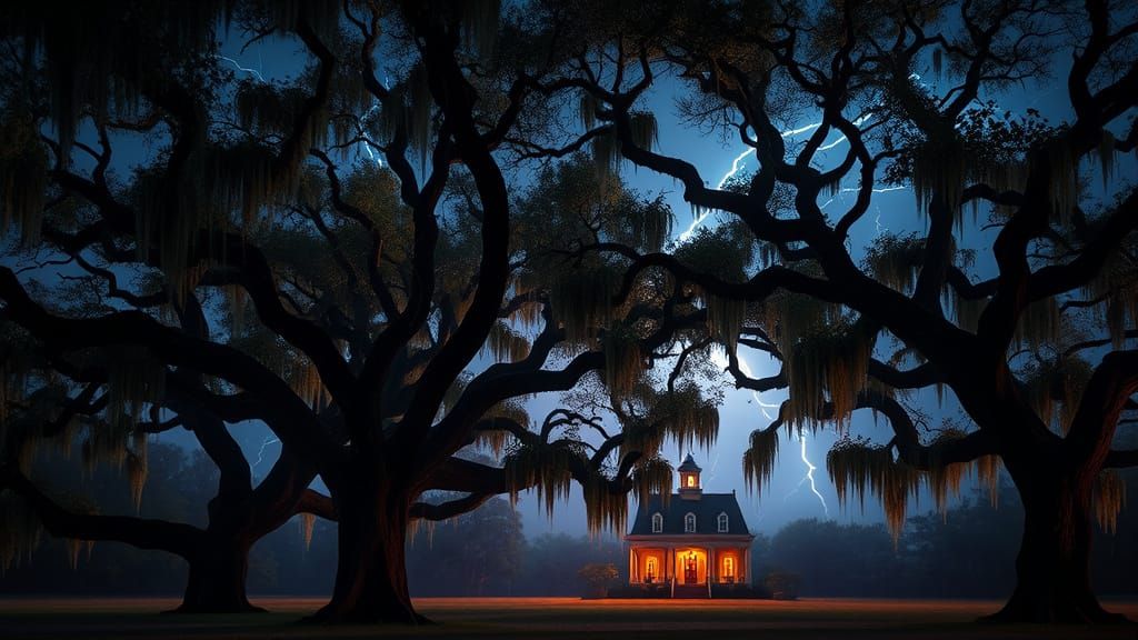 Ancient Live Oak Trees Under Lightning Storm in New Orleans,...