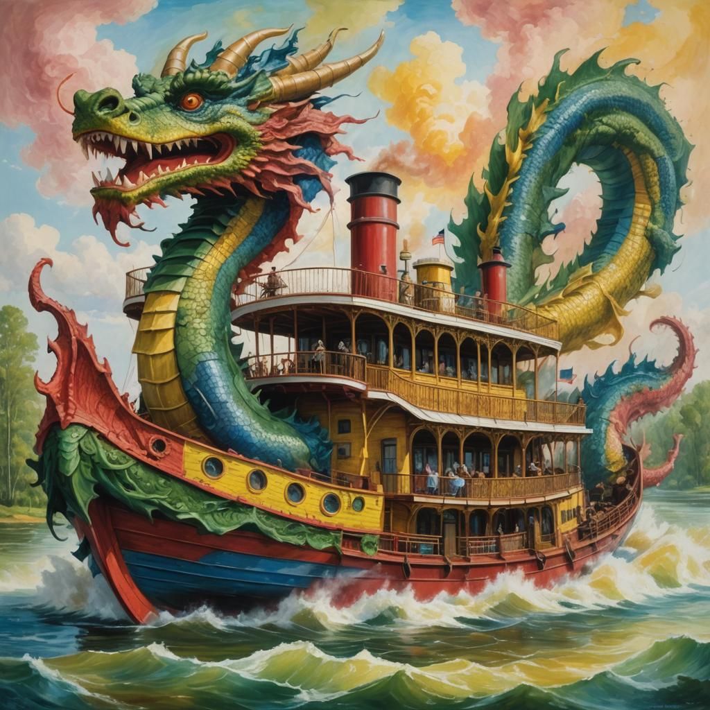 Majestic Dragon Steamboat: Epic Classical Oil Painting