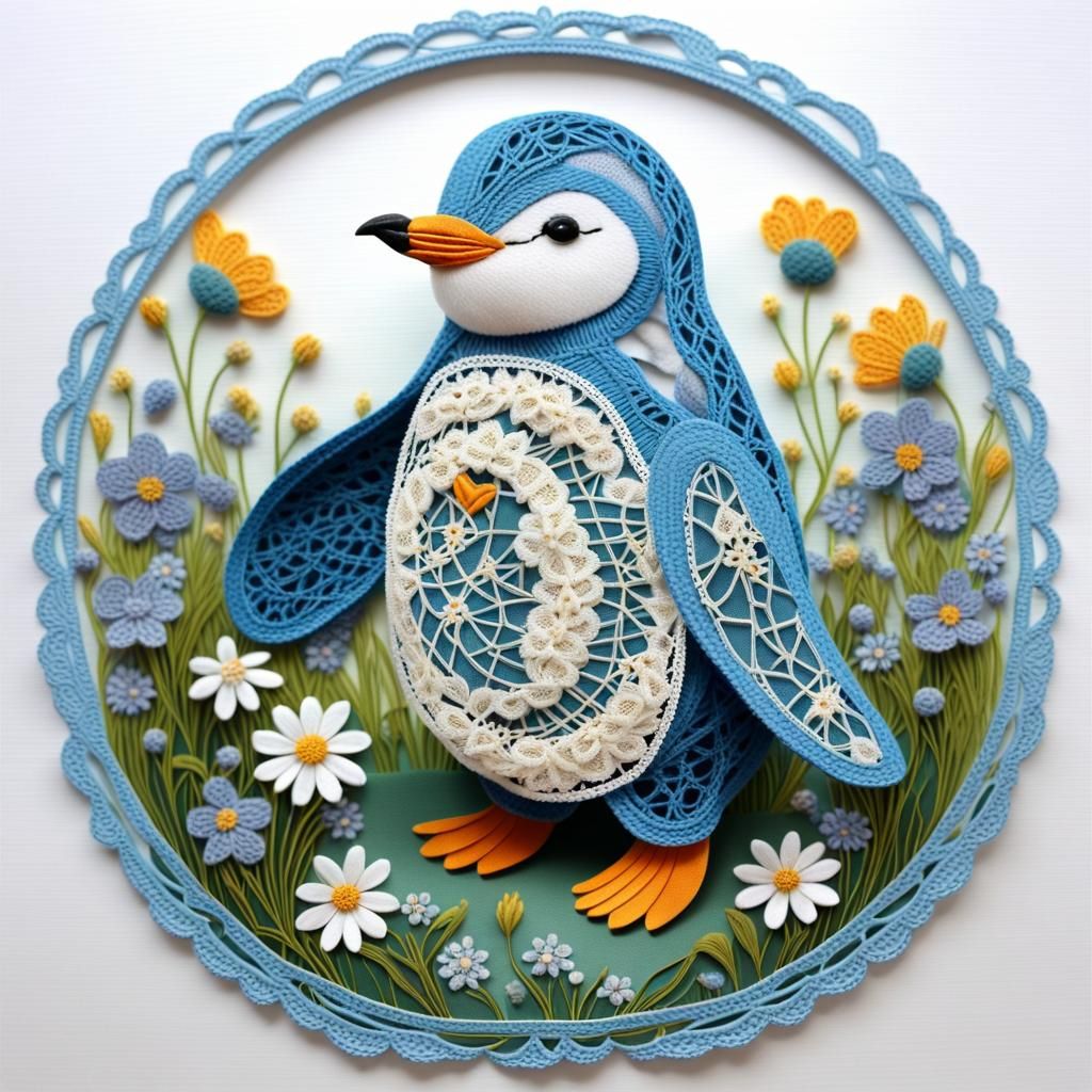 Little Blue Penguin Dances in Art Nouveau Lace