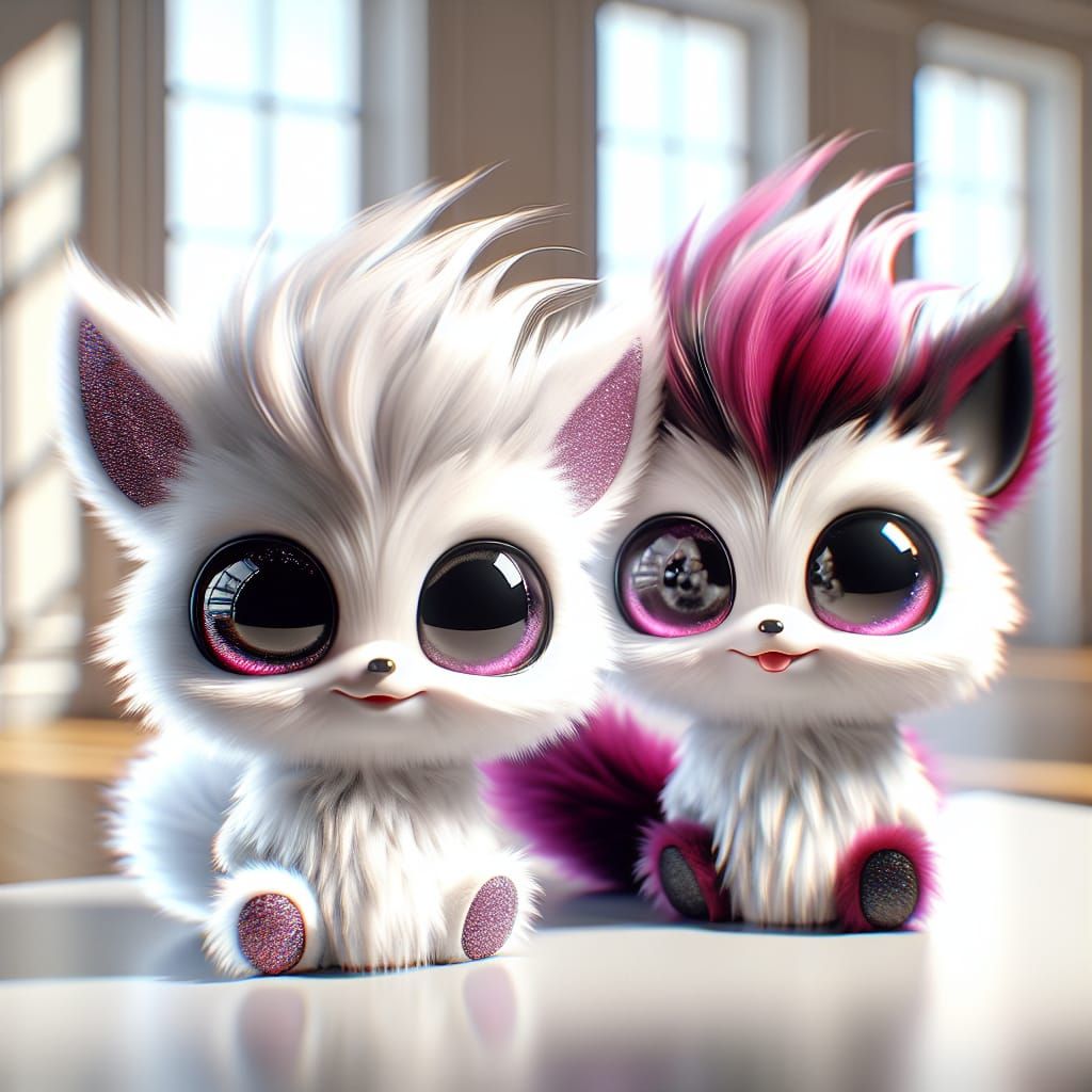 A 3D digital illustration in the style of Disney Pixar featuring two cute, fluffy creatures with mean, mischievous expre...