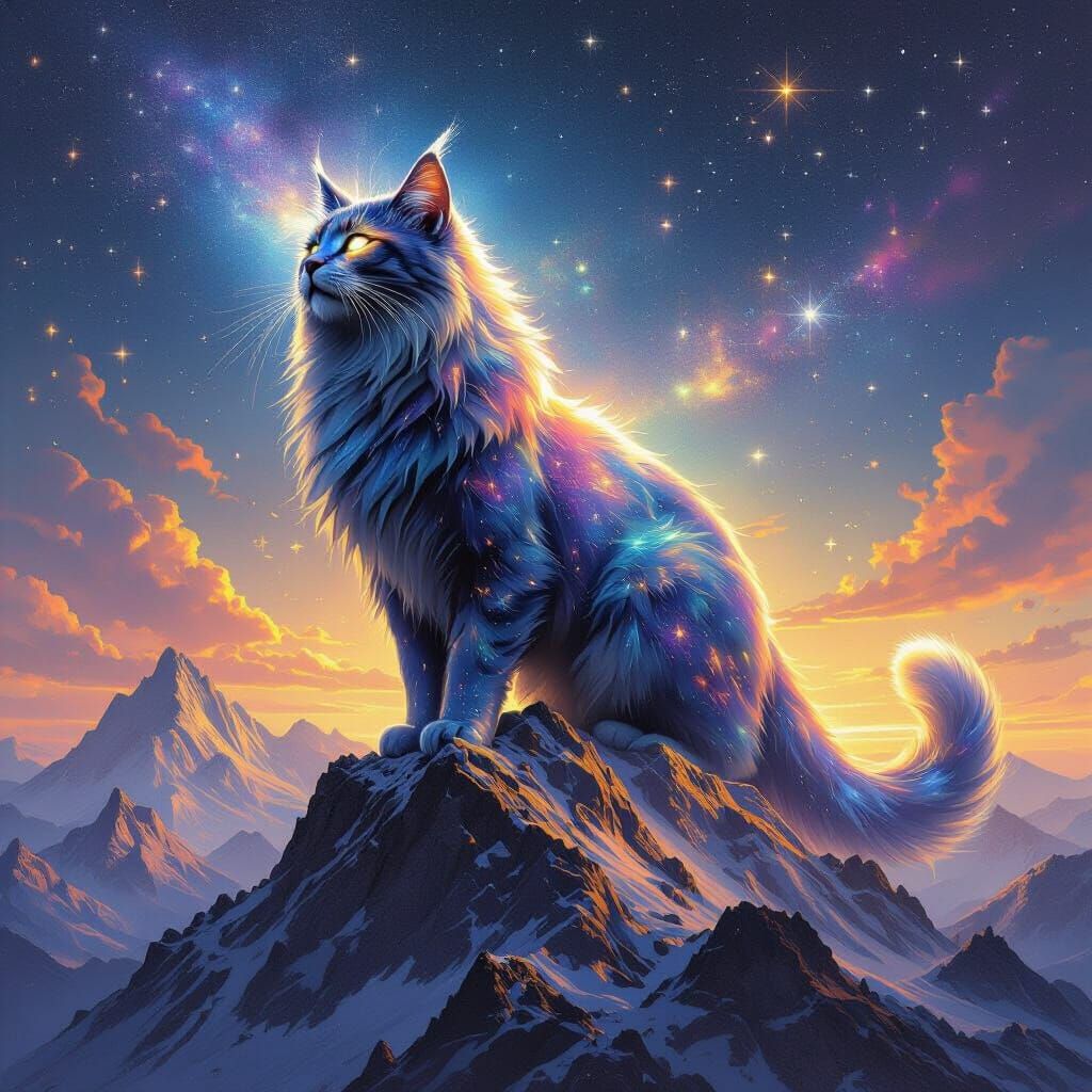 Majestic Nebula Cat Over Cosmic Mountain Range