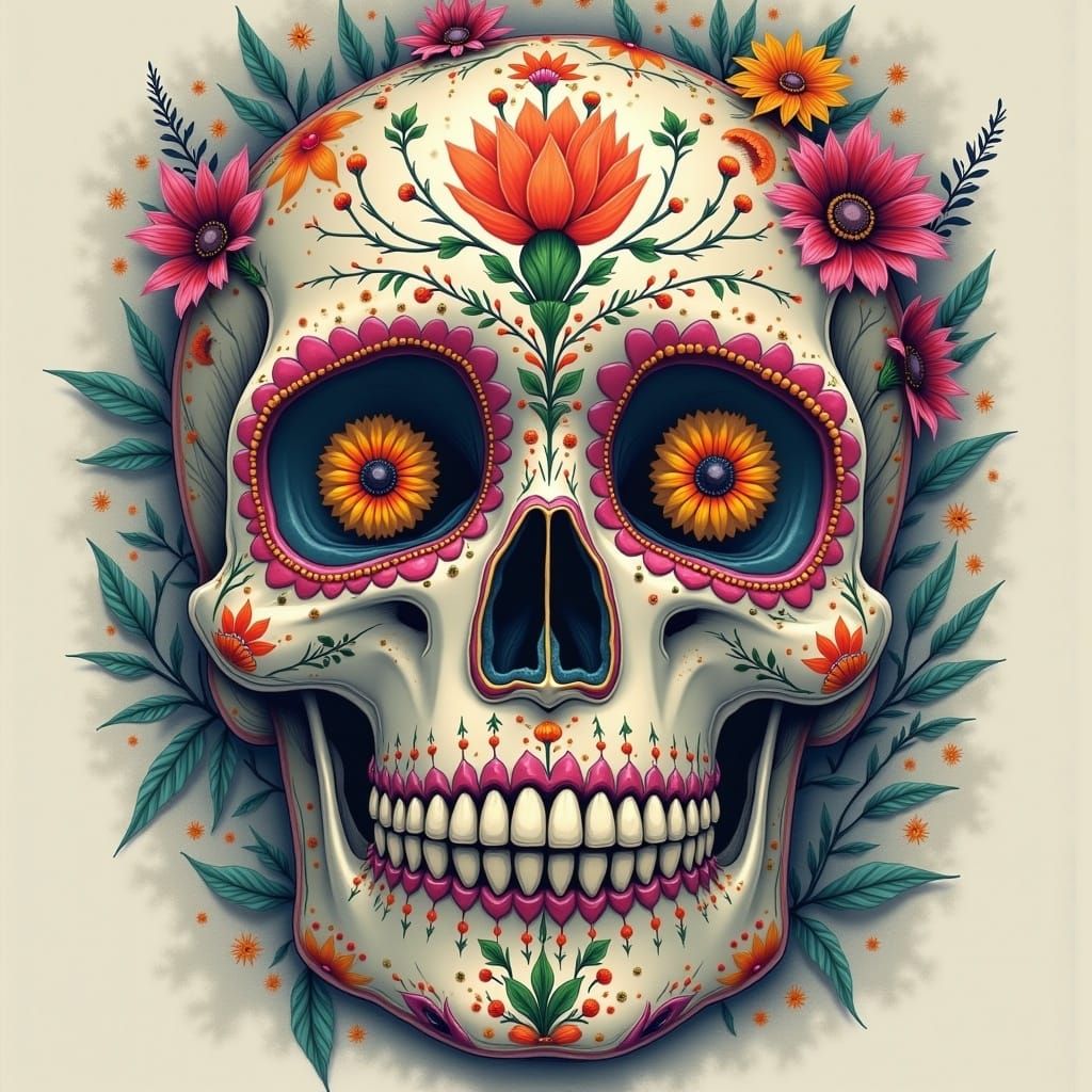 Tribal Skull Sketch with Floral Eyes and Hygge Vibe