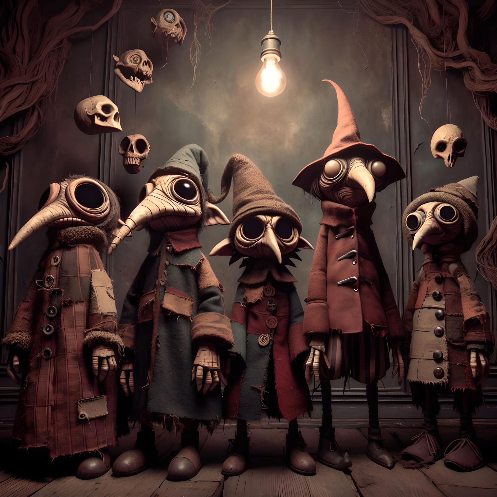 Gothic Surrealism: Whimsical Goblin Characters in Sepia Tone...