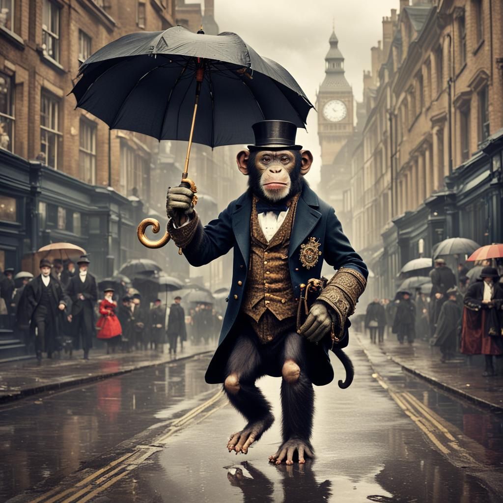 A victorian-era chimpanzee with an umbrella.