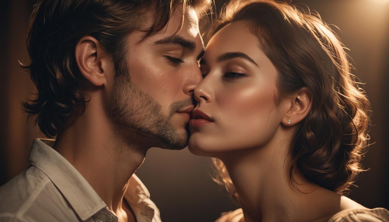 Romantic Kiss in the Dark: Hyperrealistic 3D Portrait
